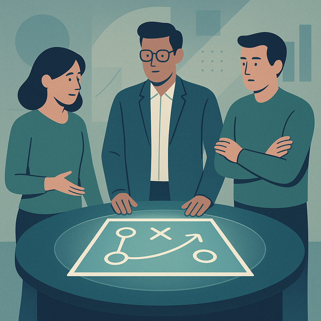 A modern abstract illustration of three people in a collaborative strategy session standing around a circular table with a glowing blueprint at the center The design should convey clarity structure and alignment Clean lines muted professional colors-1