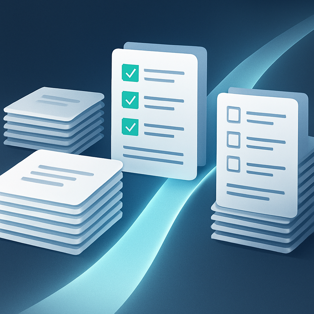 A sleek professional abstract illustration of documents and digital checklists being organized into neat stacks with a glowing pathway leading forward The composition should represent order process and transparency Use a clean modern design style wit-1