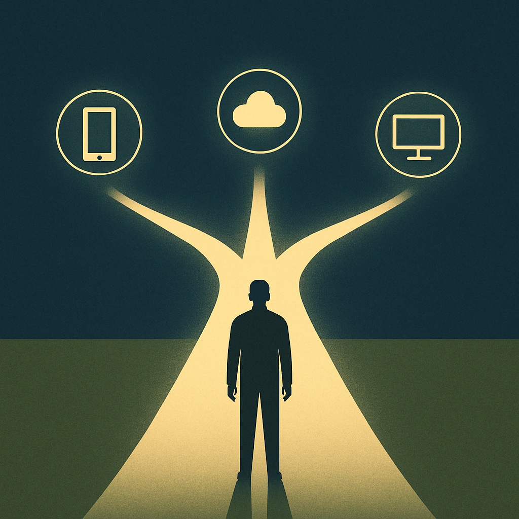 An abstract concept image of a person standing at a crossroads with three glowing paths leading to different technology icons simplified abstract symbols not brand logos The scene conveys guidance clarity and confident decisionmaking Minimalist style